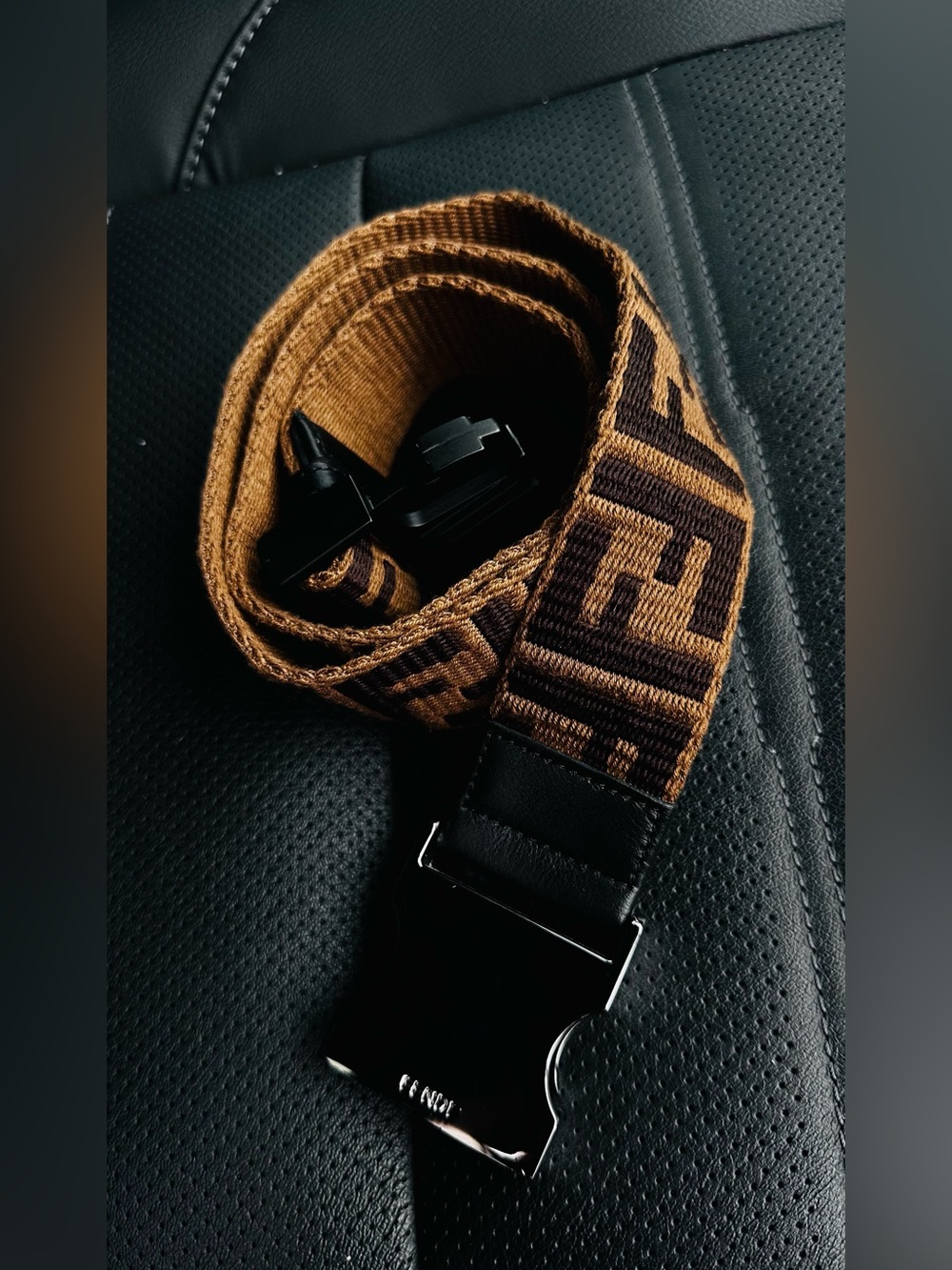 Fendi Brown Logo Webbing Belt  with Black/Silver Hardware